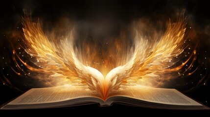 The Bible, the book of the god of Christianity about the covenants of Jesus Christ, with a flame of fire and an angel, golden shades - obrazy, fototapety, plakaty