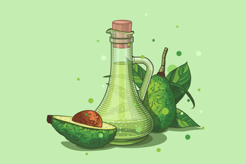 Avocado oil. Drawing of a decanter with oil. Design concept for a fruit and vegetable store. Advertising for an avocado farm. Vector illustration. Avocado poster with leaves