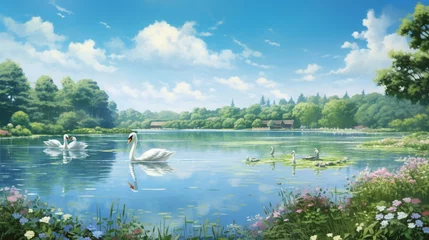 Foto auf Acrylglas A tranquil lake surrounded by verdant greenery reflects the clear blue sky above. The serene atmosphere is enhanced by the sight of graceful swans gliding across the water's surface. © PZ Studio