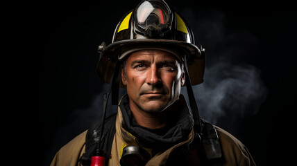 Man in firefighter gear against a neutral-colored backdrop