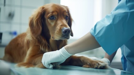 Hands of veterinarians in protective gloves trying to calm down dog on the table in veterinary clinic