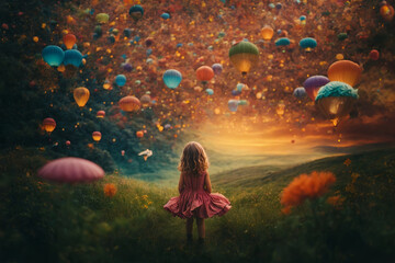 Little Girl Explorer Amidst Balloons and Flowers, Nurturing Child Mental Health Through Playful Wander - obrazy, fototapety, plakaty