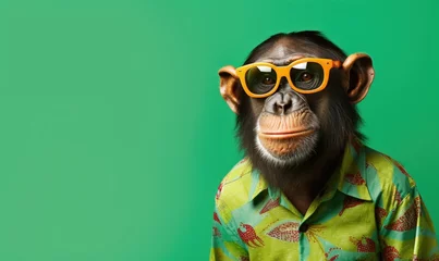 Schilderijen op glas Happy monkey with sunglasses and colorful shirt   © Fly Frames