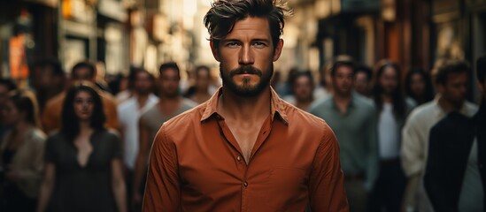 A young man stands in the middle of crowded street - obrazy, fototapety, plakaty