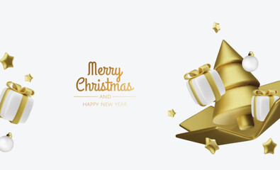 Happy New Year and Merry Christmas. Christmas holiday background with realistic 3d objects,gold and red bauble balls, conical metal stars. Levitation falling design composition.