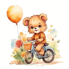 cute lion cub Riding cycle with balloon Flower Watercolor Illustration 