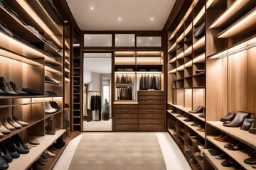 A high-end walk-in closet with custom shelving, LED lighting, and a full-length mirror.