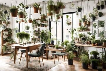 A plant lover's paradise with hanging planters, botanical prints, and a variety of greenery.