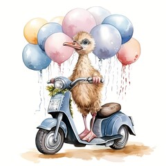 cute ostrich Riding Cycle With Balloon watercolor Illustration 