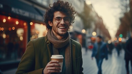 Handsome man with coffee to go in the city street - obrazy, fototapety, plakaty