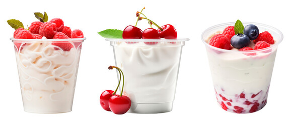 A set of yoghurts in transparent jars. Yogurt with cherries, yogurt with raspberries in a glass, berry yogurt. Isolated on a transparent background.