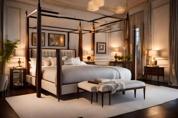 An elegant bedroom with a luxurious four-poster bed, soft lighting, and plush furnishings creating a serene atmosphere.