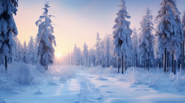 The first light of dawn breaks through the wintry sky, illuminating a forest blanketed in pristine snow.