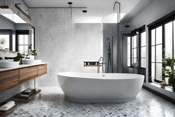 A modern bathroom with a freestanding bathtub, rainfall shower, and contemporary tile design.