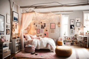 A teenage girl's room with a canopy bed, fairy lights, and a gallery wall of personal artwork.