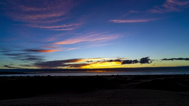 Timelapse from the Sunrise over the Dunes of Maspalomas on Gran Canaria.