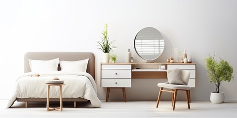 Contemporary bed with mirror-topped dressing table on white backdrop.