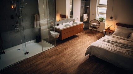 High-angle view of a modern and contemporary badroom in a home 