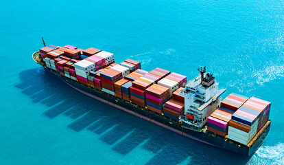Fototapeta premium Aerial view of the freight shipping transport system cargo ship container. international transportation Export-import business, logistics, transportation industry concepts 