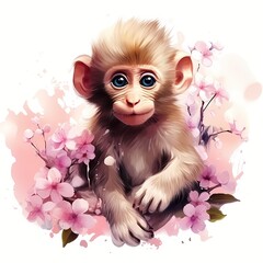 Fototapeta na wymiar cute baboon With Flower watercolor Illustration 