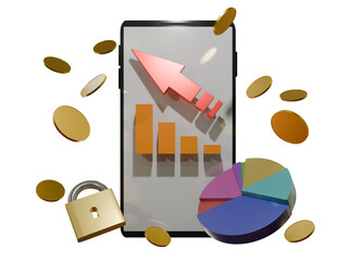 Graphic illustration with smartphone, charts, arrow and gold flying coins. Business and finance. 3D rendering.