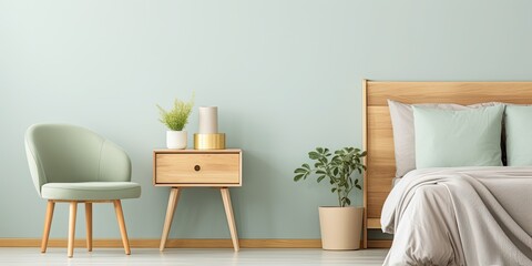 Modern home interior with Scandinavian bedroom, mint table, sunflowers, and stylish wooden chair.