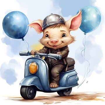 baby Hippo Riding Cycle With Balloon watercolor Illustration 
