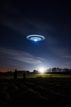 First contact with extraterrestrial civilization. Alien spaceship above the surface of the Earth.