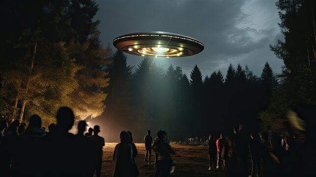 First contact with extraterrestrial civilization. Alien spaceship above the surface of the Earth.