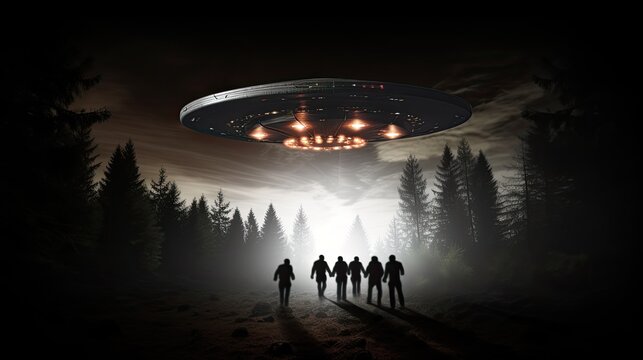 First contact with extraterrestrial civilization. Alien spaceship above the surface of the Earth.