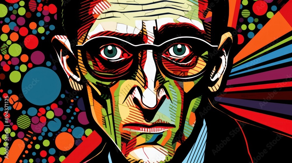 Canvas Prints  a painting of a man with glasses in front of a multicolored background with circles and dots on it.