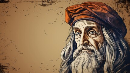  a painting of an old man with long white hair and a red turban on top of his head. - obrazy, fototapety, plakaty