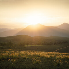 Golden Hour Bliss: Sunset Over Mountains in a Nature-Filled Summer Evening | Horizon View