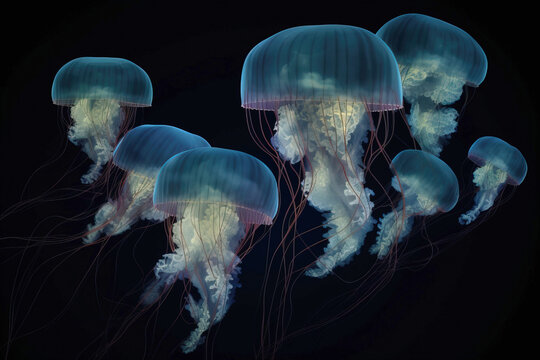 Group of rare colored jellyfish close-up, dark background. AI generated.