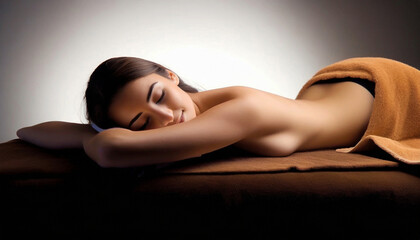Fototapeta premium Beautiful young woman at the spa. Beauty Treatment. Beautiful Young Healthy Caucasian Girl relaxes before massage in Spa Salon. Body Care. Skin Care, Health, Well-being.