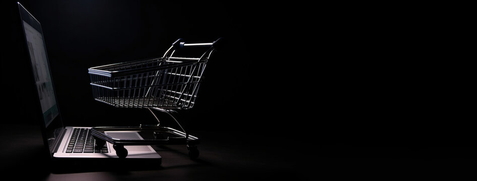 Online internet trading, modern marketing technology. Supermarket trolley near laptop keyboard. AI generated. - Powered by Adobe
