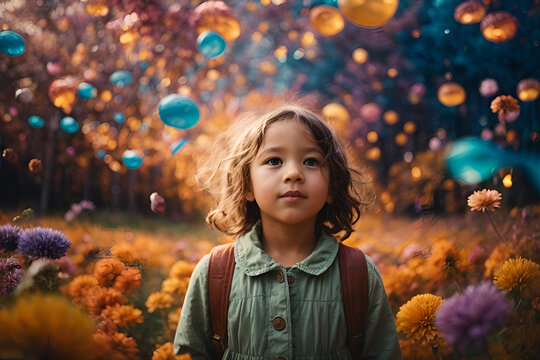 A little kid is walking through Flower Road and is wondering at the sight of balloons and bubbles