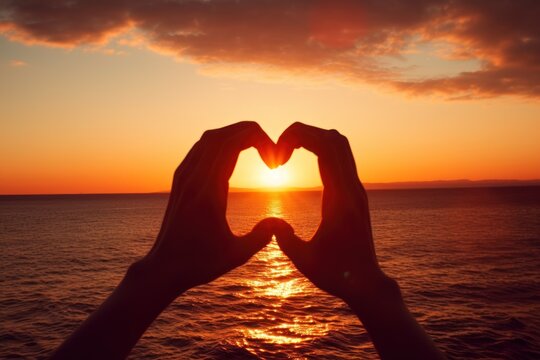  A Person Holding Their Hands In The Shape Of A Heart In Front Of A Sunset Over A Body Of Water.