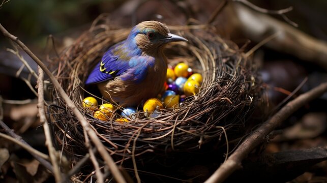 A bowerbird showcasing its collection to attract a mate.