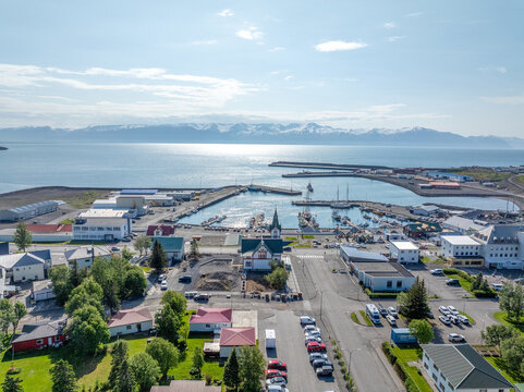 Aerial photography of Husa Bay in summer in Iceland