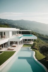 Fototapeta premium A resort area in beautiful nature with mountains and forests. A swimming pool, a house in white flowers with sun loungers and umbrellas in the summer at the hotel. Travel, Modern interior design.
