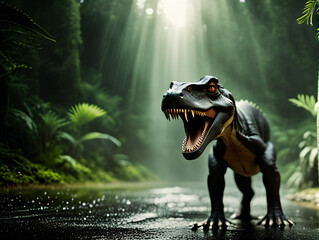 Dinosaur in Jungle: Prehistoric Reptile Amidst Dense Foliage and Tropical Wilderness