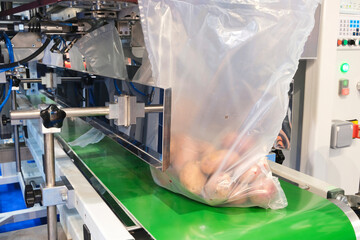 Food factory automated robotic machine. Conveyor product line for cooking and packing rations and...