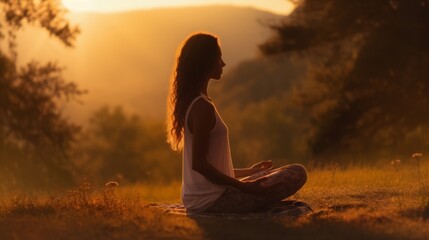Serene meditation at sunset, woman in nature's tranquility.