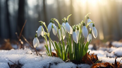 Snowdrop flowers in the snow among the forest