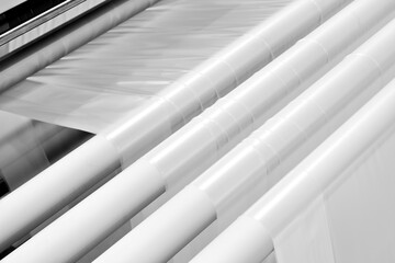 Automatic polyethylene plastic bag production machine with lighting effect. Close-up of the roller...