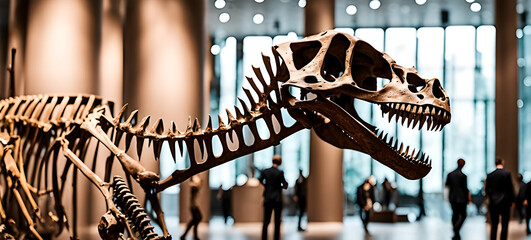 Dinossaur skeleton in showcase on blurred museum with people. Banner format.