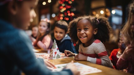 Children coloring papers with pencils at a Christmas-themed table