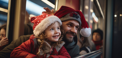 Fototapeta na wymiar Two people father and daugther wearing Christmas hats are close together in a warmly lit public transport vehicle during the holiday season.