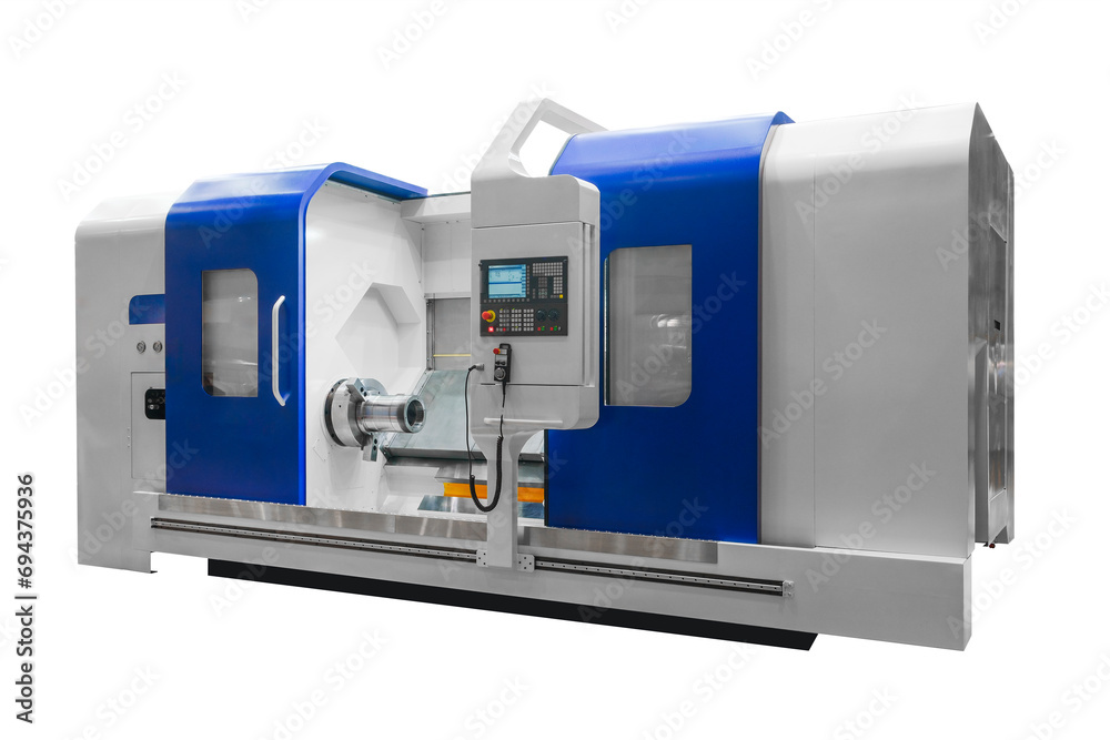 Aufkleber metal machine tools industry. cnc lathe turning machine high-speed cutting is operation on white